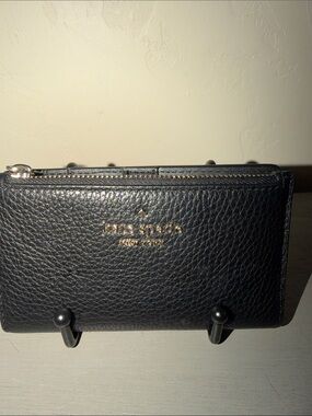 kate spade Black Pebbled Leather Zip-Around Wallet with Gold Logo